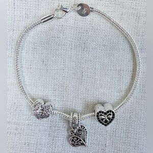 Real 925 sterling silver snake chain bracelet w 3 FREE heart charms.8.5”.GIFT